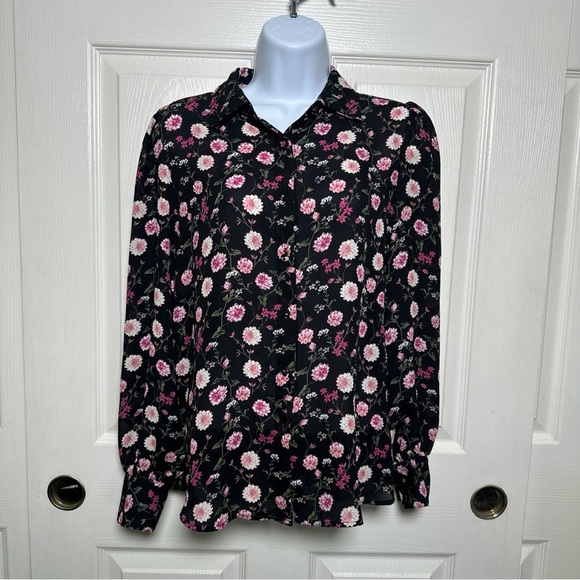 Elie Tahari Womens Size Small Black Floral Blouse Button Front Top Office Work - Picture 1 of 13